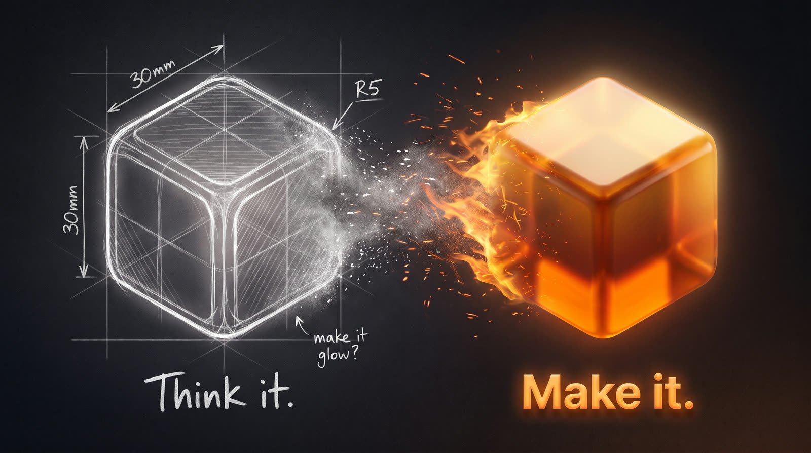 Two cubes side by side. On the left, a pencil sketch of a cube labelled Think it. On the right, the same cube built as a glowing orange glass cube labelled Make it.