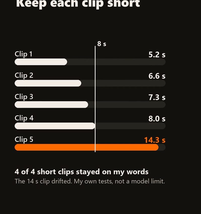 Five bars for five clips. Four clips of 8 seconds or less are white. The fifth, 14.3 seconds, is orange.