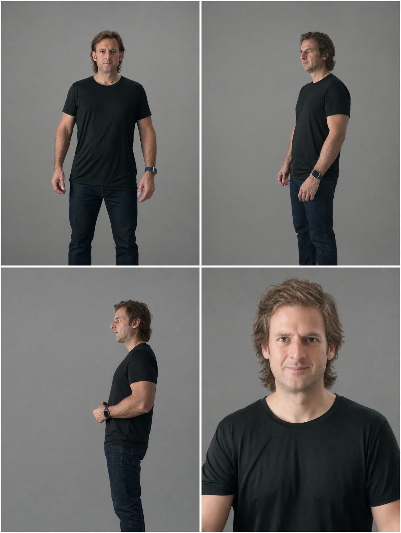Character sheet of me with long hair: front, three-quarter, side and close-up views