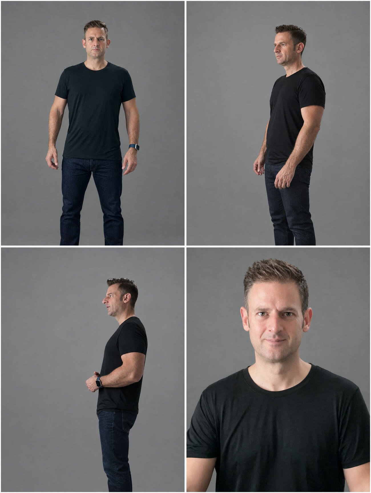 Character sheet of me with short styled hair: front, three-quarter, side and close-up views
