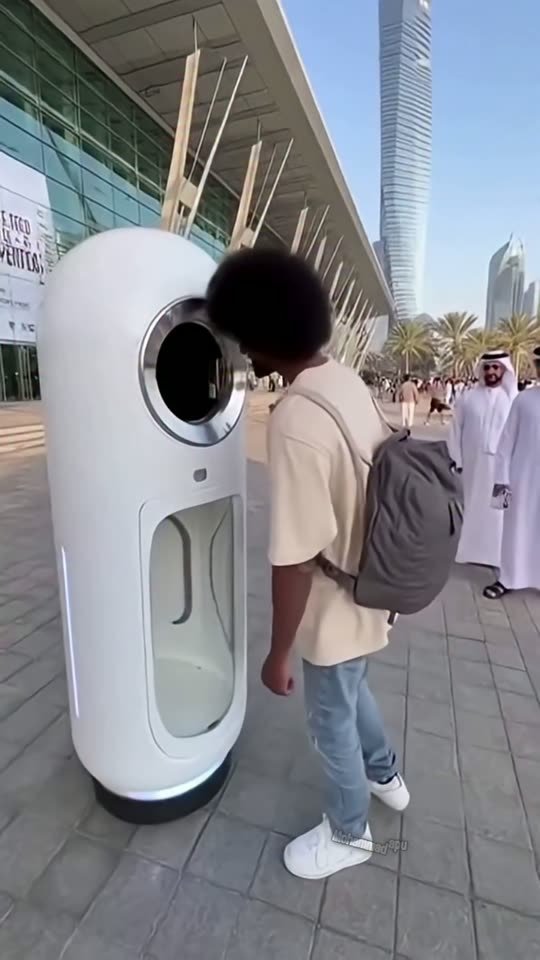 One frame of the Dubai video: a white haircut machine that stands alone on a square, with people next to it