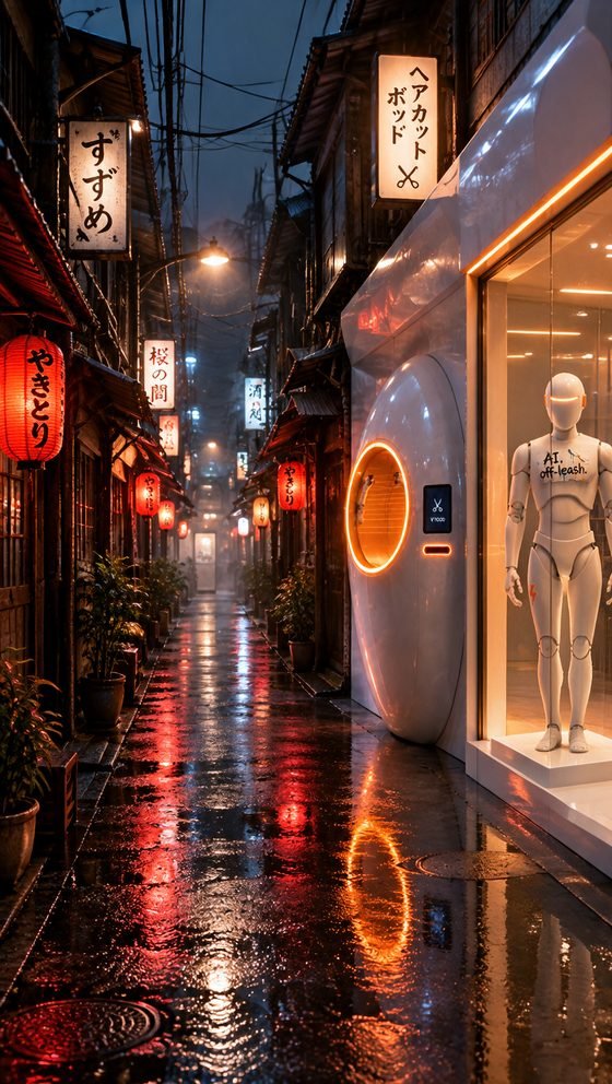 A rainy Golden Gai alley at night with the glowing machine in a white shopfront