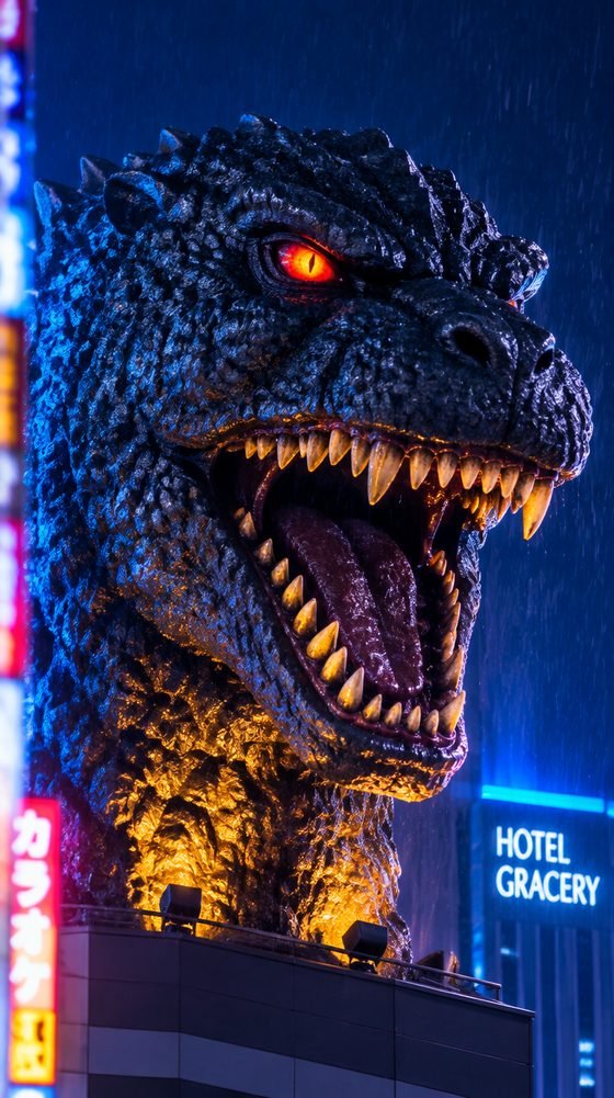The Godzilla head above Shinjuku at night