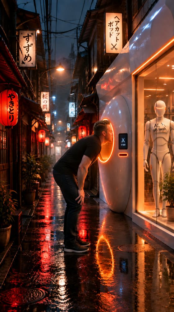 My start picture: the man leans his head into the haircut machine in the alley